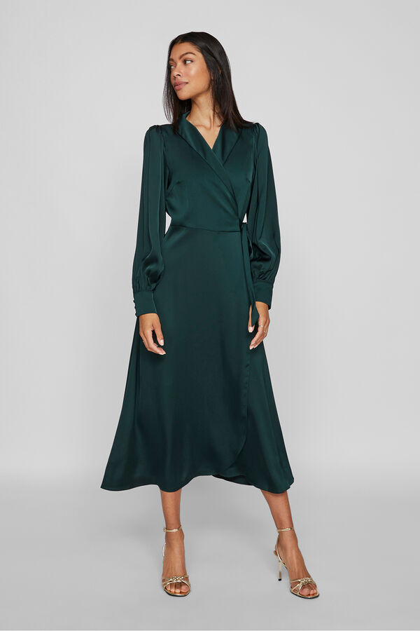 Vila Vestido midi cruzado satinado Verde oscuro