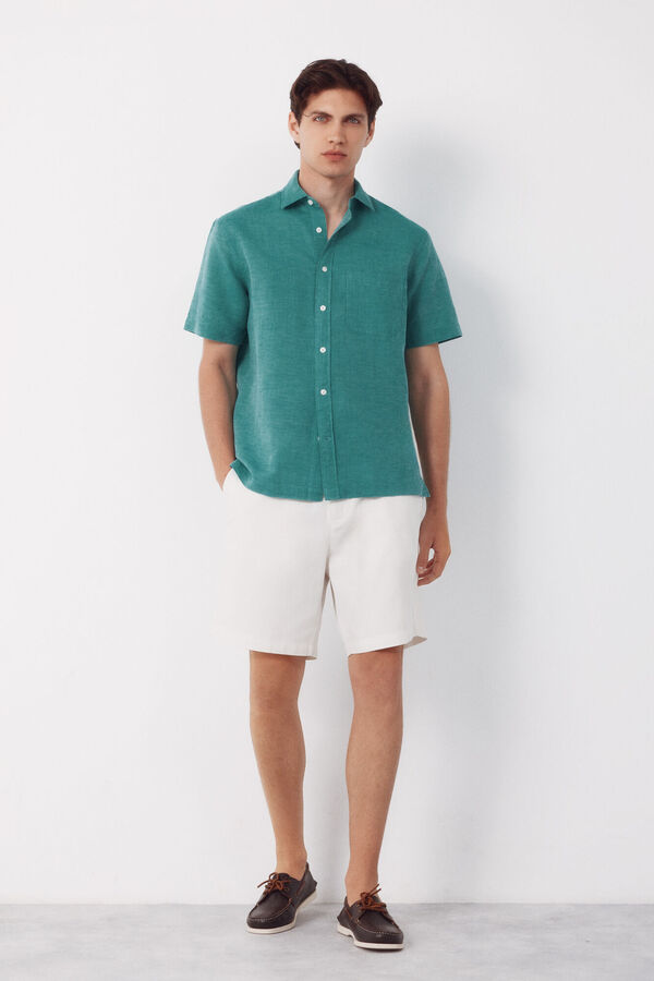 Cortefiel Camisa algod&oacute;n lino lisa manga corta Verde