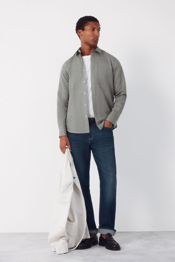 Cortefiel Camisa lino algod&oacute;n liso Kaki