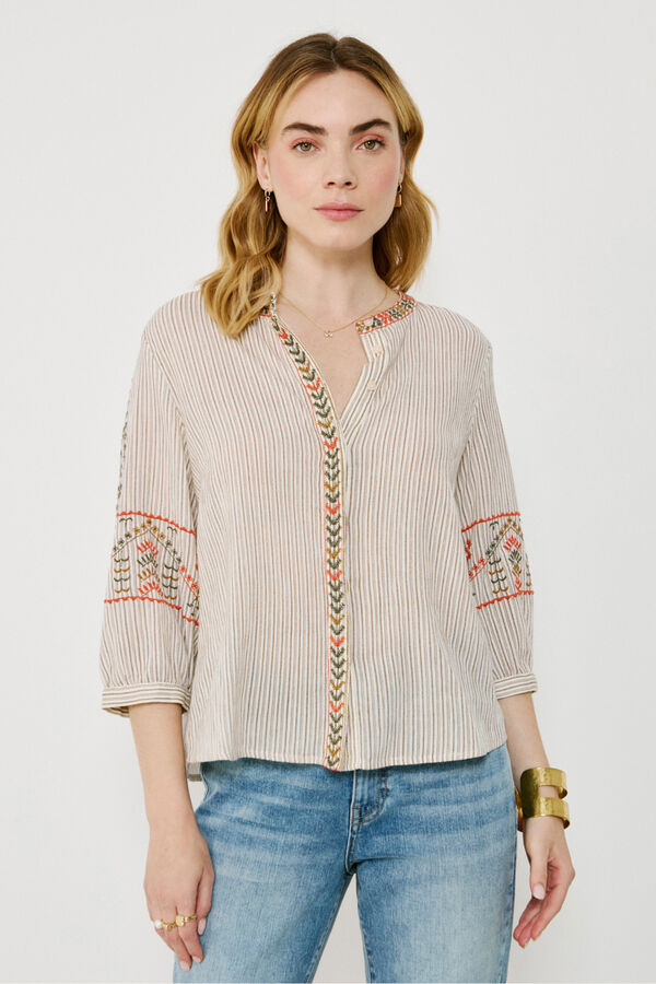 Vila Blusa de algod&oacute;n con bordados &eacute;tnicos Beige