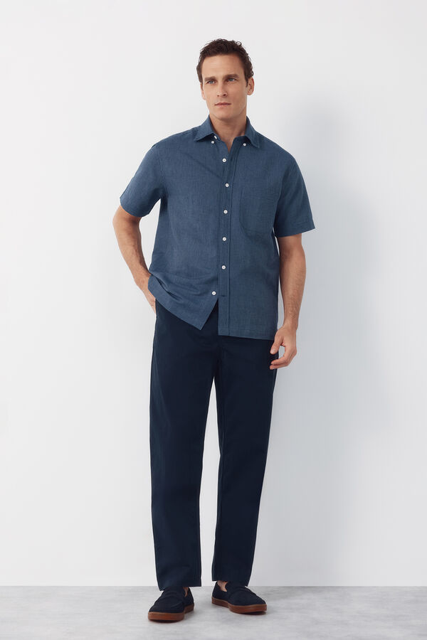 Cortefiel Camisa manga corta tejido de lino Azul marino