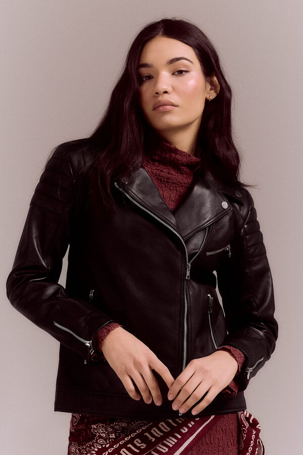 Slowlove Cazadora biker de napa con acolchado en hombros Negro