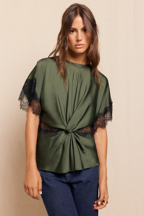 Slowlove Blusa satinada encajes Green