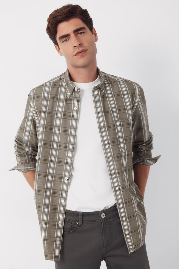 Cortefiel Camisa popel&iacute;n cuadros Kaki