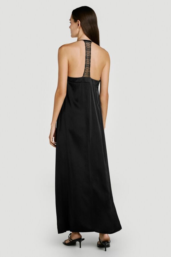 Vila Vestido comprido de al&ccedil;as com renda Preto