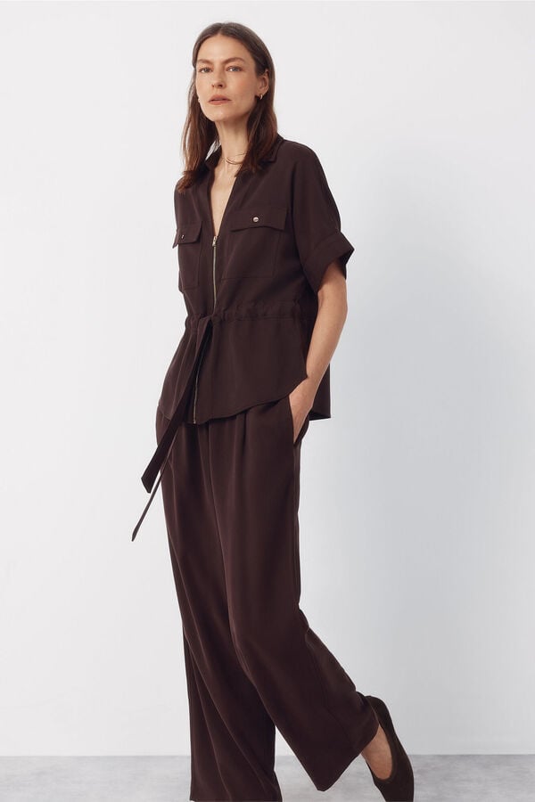 Cortefiel Short sleeve belted shirt Brown