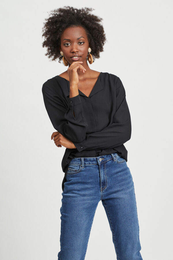 Vila Top de mujer de manga larga con escote en pico Negro