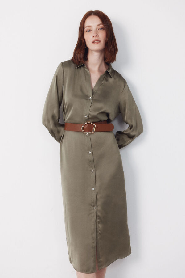 Cortefiel Vestido satinado camisero Kaki