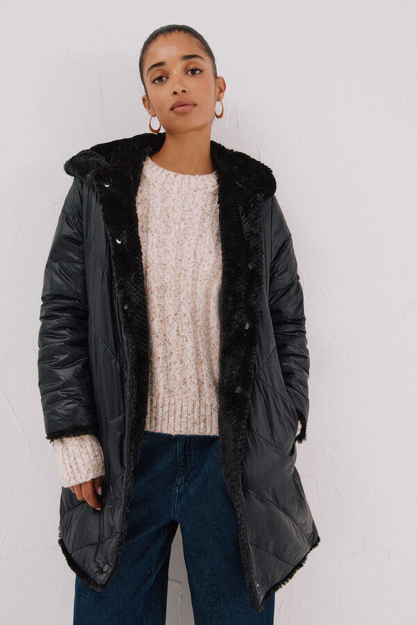 Cortefiel Abrigo largo reversible efecto pelo Negro