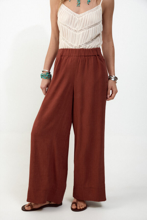 Slowlove Pantal&oacute;n ancho de lino lavado Marr&oacute;n