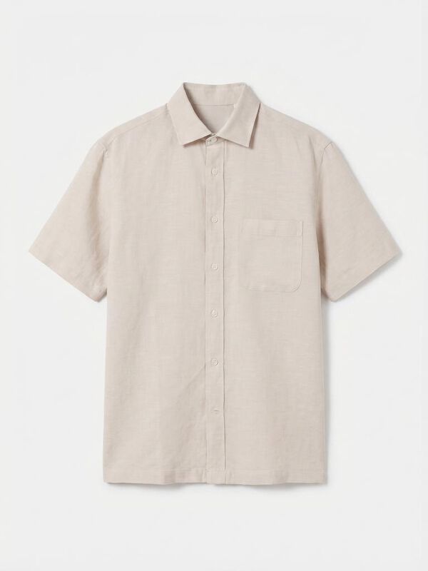Cortefiel Camisa algod&oacute;n lino lisa manga corta Beige