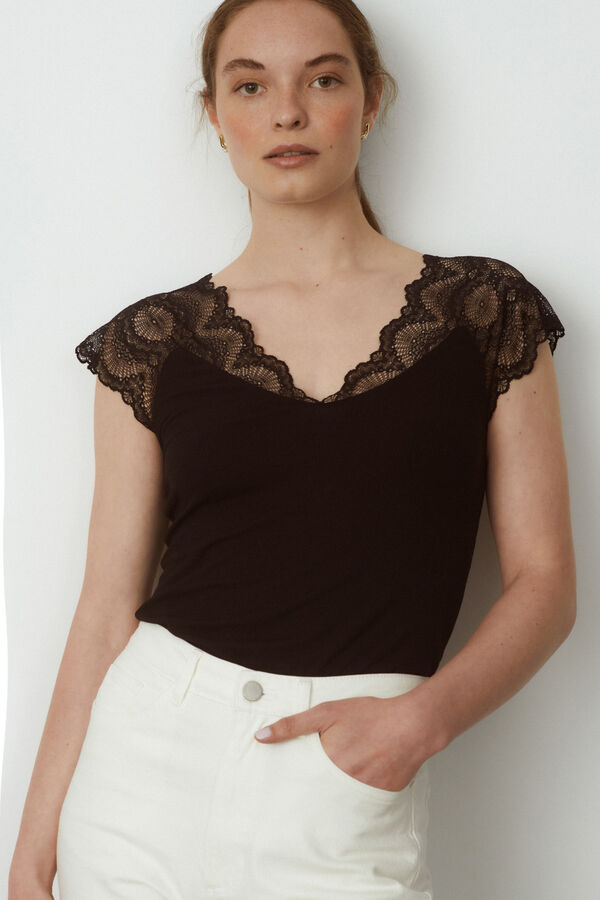 T-shirt Décolleté V Dentelle T-shirts Pour Femme SPF