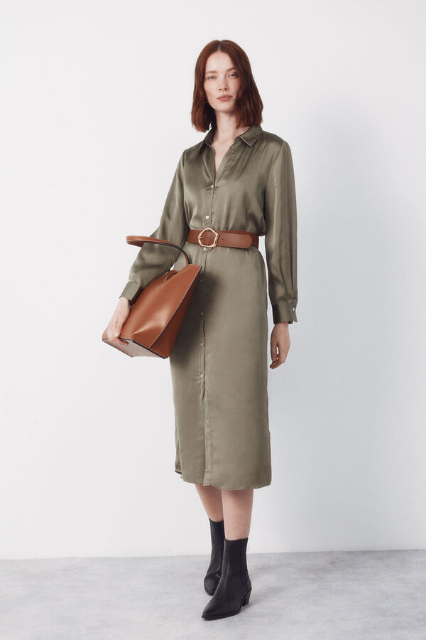 Cortefiel Vestido satinado camisero Kaki