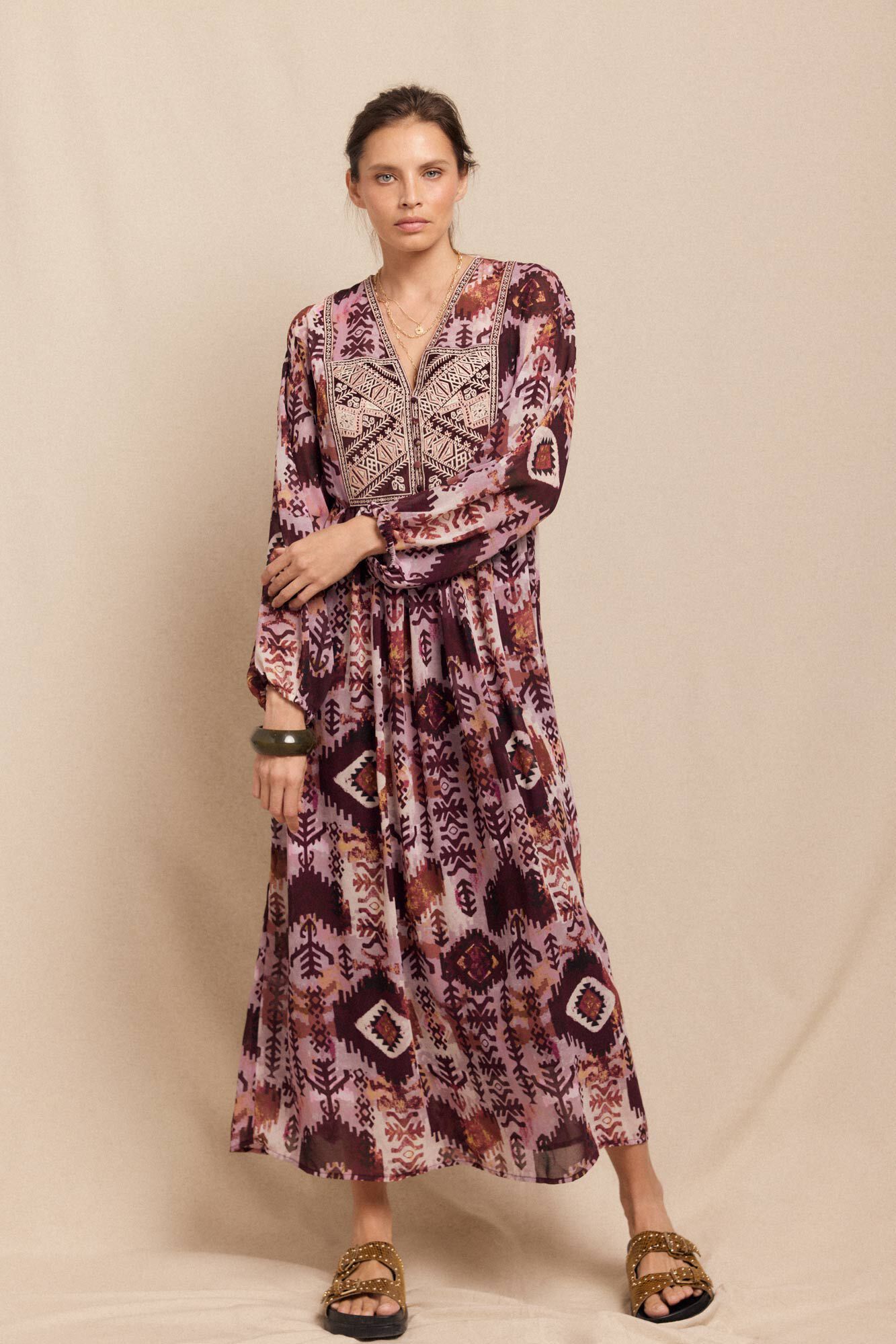 Slowlove Vestido flu&iacute;do estampado e bordado