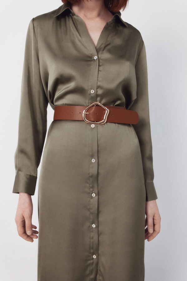 Cortefiel Vestido satinado camisero Kaki