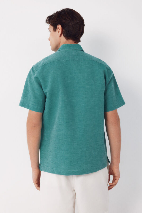 Cortefiel Camisa algod&oacute;n lino lisa manga corta Verde