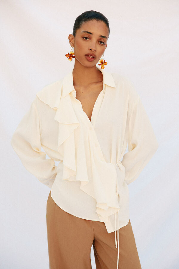 Cortefiel Camisa de folho manga comprida com babados Branco