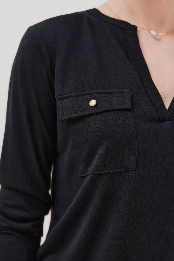 Cortefiel linen effect mandarin collar T-shirt Black