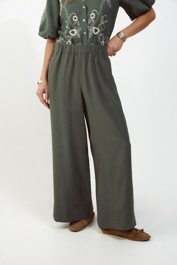 Slowlove Pantal&oacute;n ancho de lino lavado Kaki