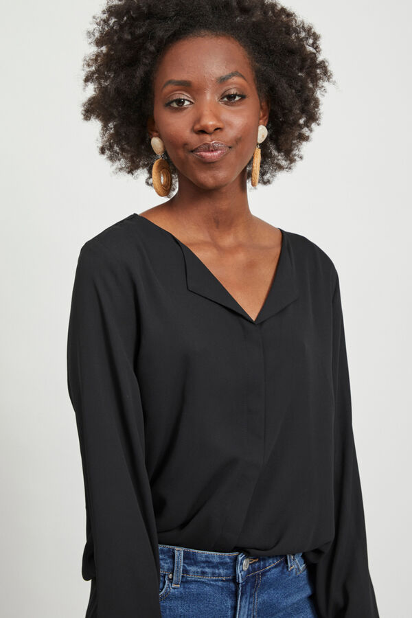 Vila Top de mujer de manga larga con escote en pico Negro