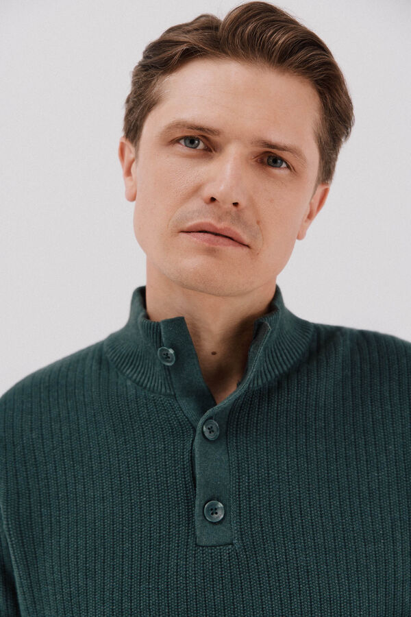 Cortefiel Jersey algod&oacute;n estructura cuello alto con botones Verde oscuro