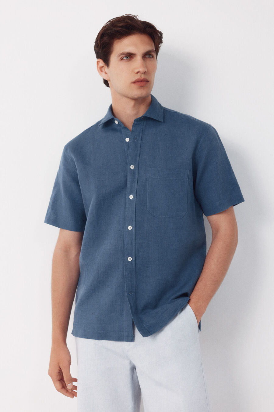 Camisa algodón lino lisa manga corta