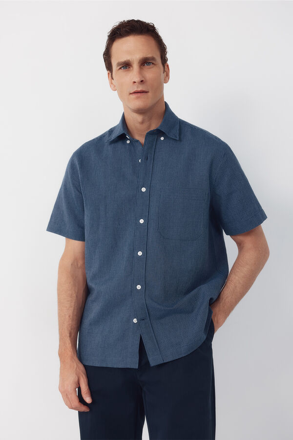 Cortefiel Camisa manga corta tejido de lino Azul marino