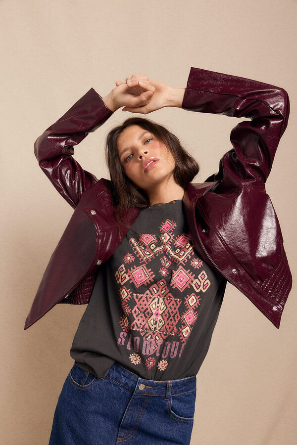 Slowlove Cazadora efecto piel brillo Granate