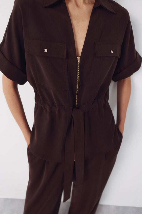 Cortefiel Short sleeve belted shirt Brown