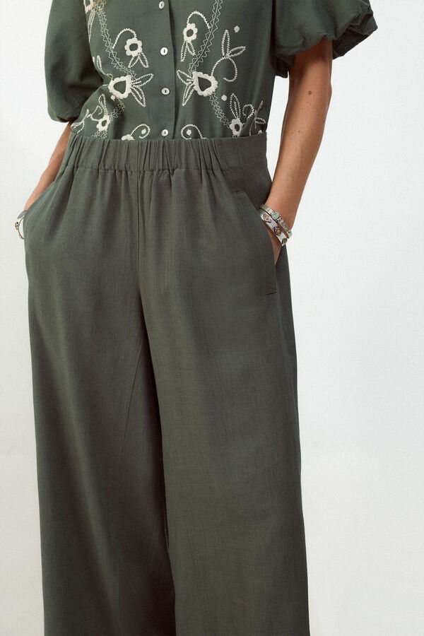 Slowlove Pantal&oacute;n ancho de lino lavado Kaki