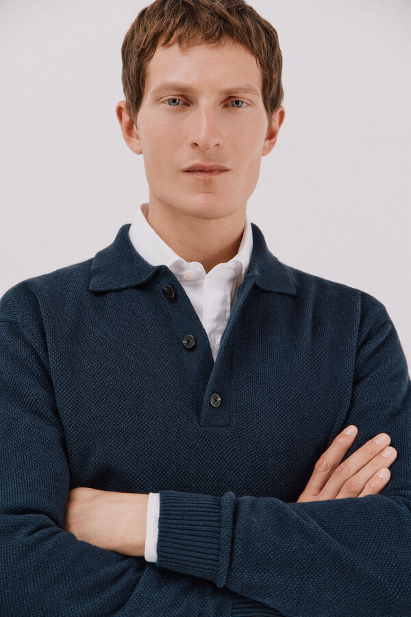 Cortefiel Suéter estruturado de lã com gola polo Azul