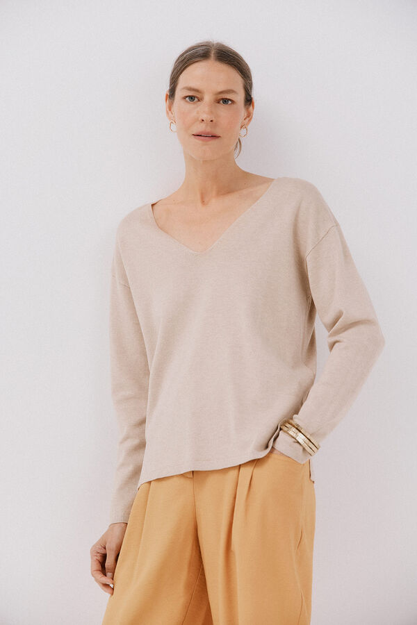 Cortefiel Camisola de malha decote bico Tostado