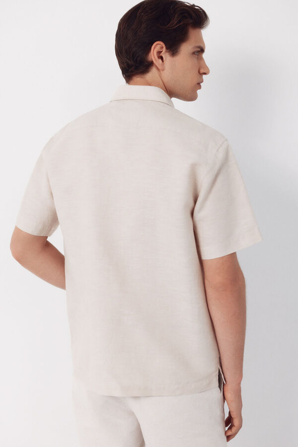 Cortefiel Camisa algod&oacute;n lino lisa manga corta Beige