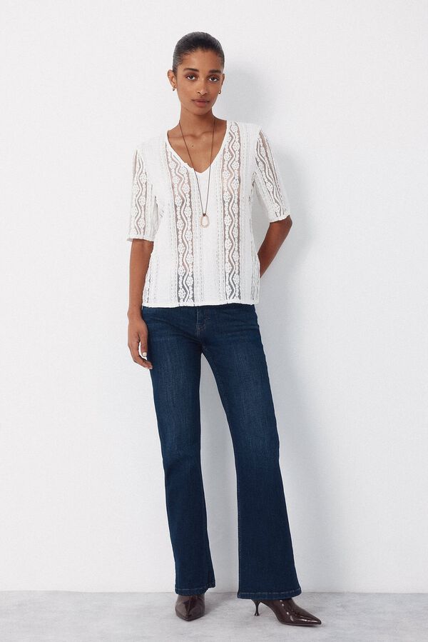 Cortefiel Top encaja escote pico Blanco