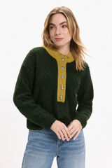 Vila Jersey de lana con botones en el cuello Verde oscuro