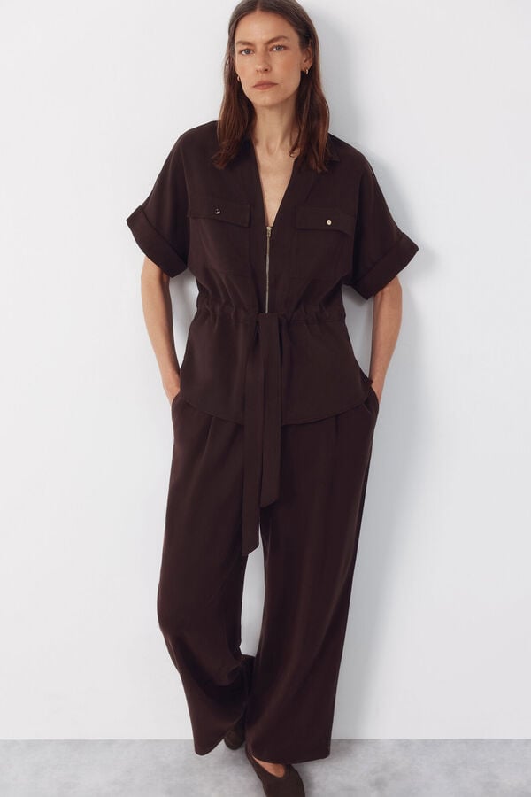 Cortefiel Short sleeve belted shirt Brown