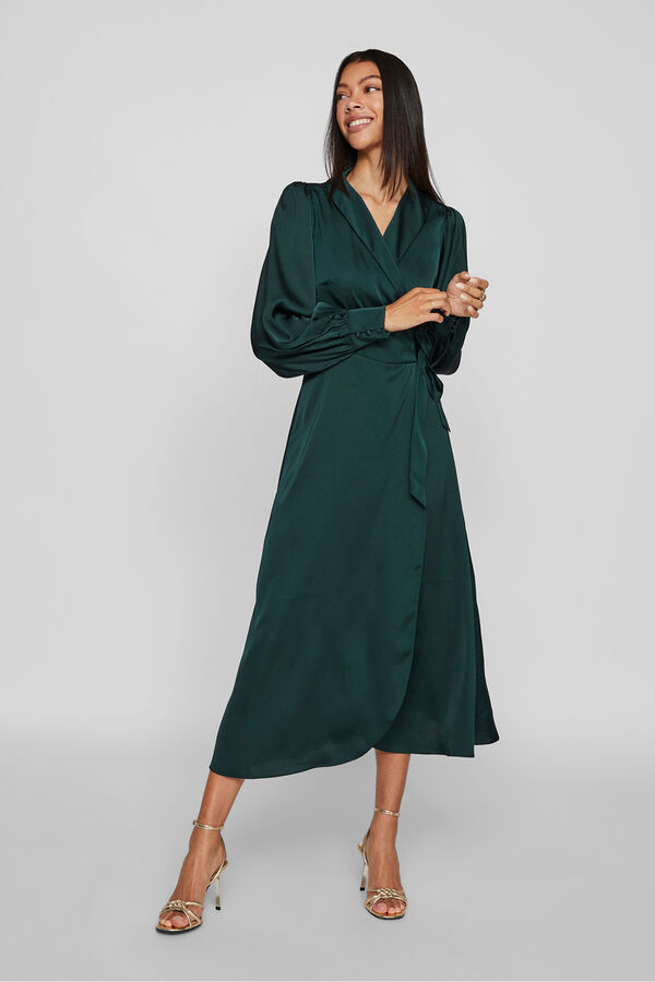 Vila Vestido midi cruzado satinado Verde oscuro