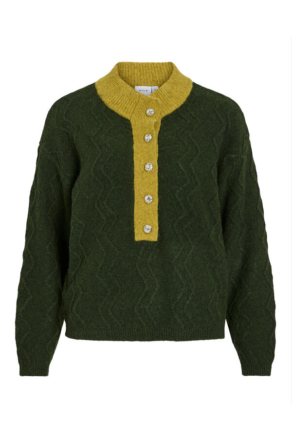 Vila Jersey de lana con botones en el cuello Verde oscuro