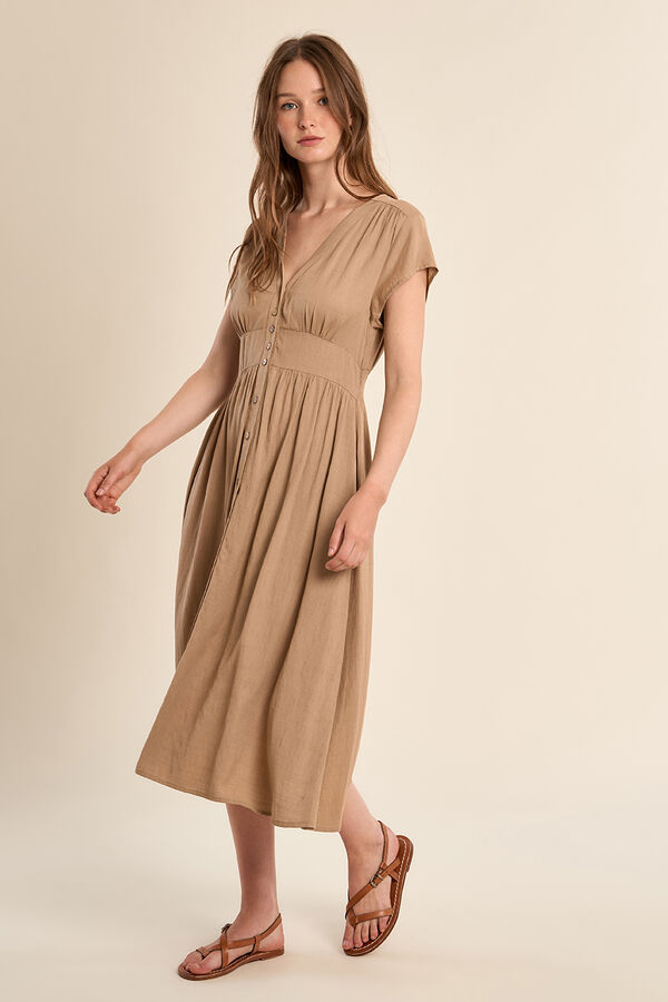 Molly Bracken Vestido de manga corta detalle pliegues Beige