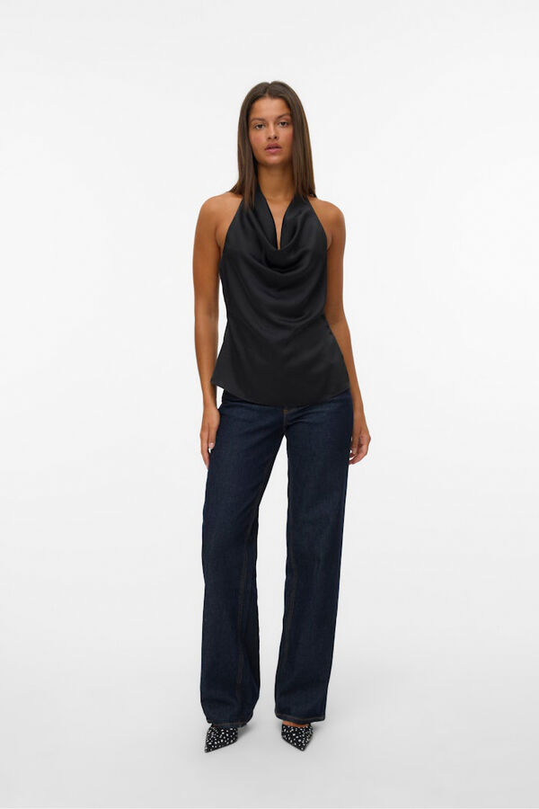 Vero Moda Top satinado atado al cuello Negro