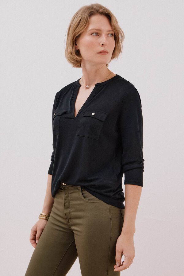 Cortefiel linen effect mandarin collar T-shirt Black