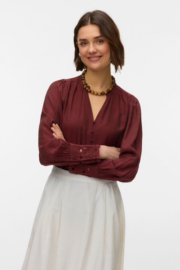 Vero Moda Camisa de manga larga detalles calados Marr&oacute;n