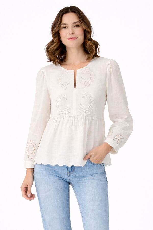 Vila Blusa de manga 3/4 con encaje ingl&eacute;s de algod&oacute;n Blanco