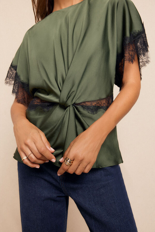 Slowlove Blusa satinada encajes Green