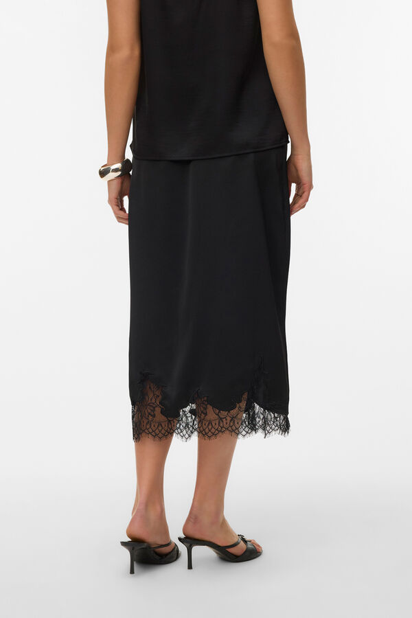 Vero Moda Falda midi satinada con encaje Negro