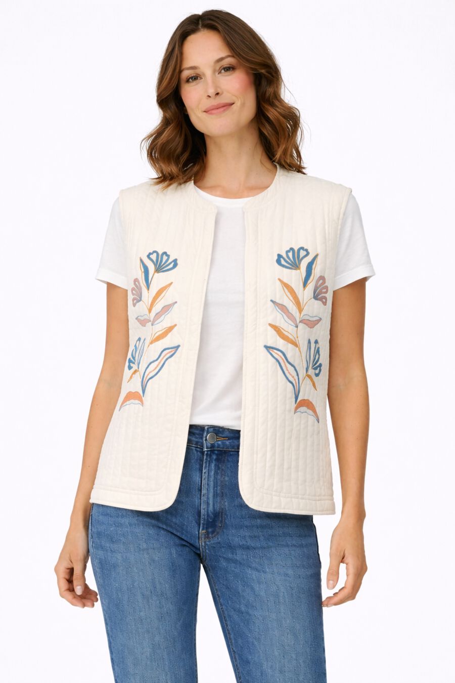 Chaleco acolchado con bordados de algodón orgánico