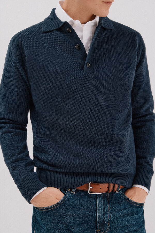 Cortefiel Suéter estruturado de lã com gola polo Azul