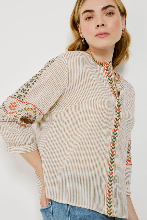 Vila Blusa de algod&oacute;n con bordados &eacute;tnicos Beige