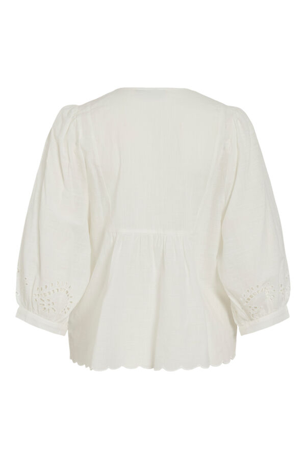 Vila Blusa de manga 3/4 con encaje ingl&eacute;s de algod&oacute;n Blanco