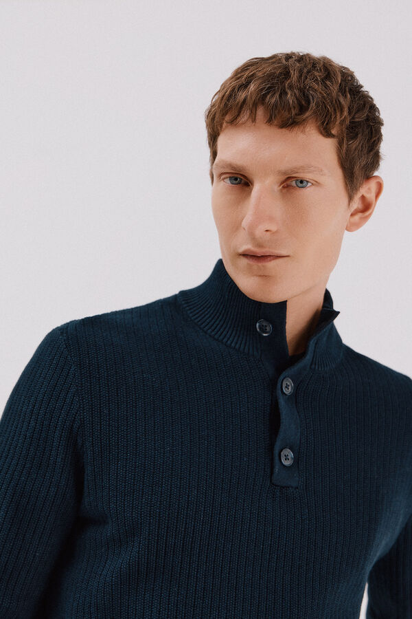 Cortefiel Jersey algod&oacute;n estructura cuello alto con botones Azul marino